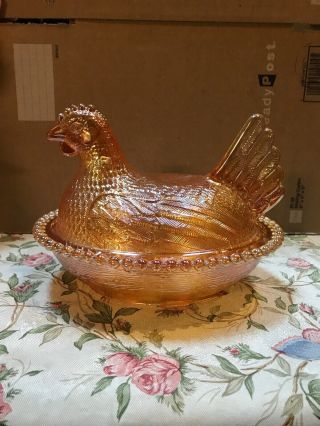 Carnival / Gold Amber Indiana Glass HEN ON NEST Beaded Candy Dish Chicken Lid 2