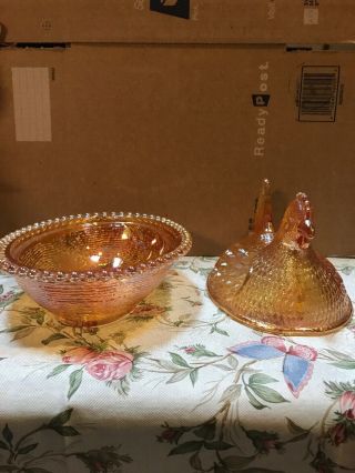 Carnival / Gold Amber Indiana Glass HEN ON NEST Beaded Candy Dish Chicken Lid 3