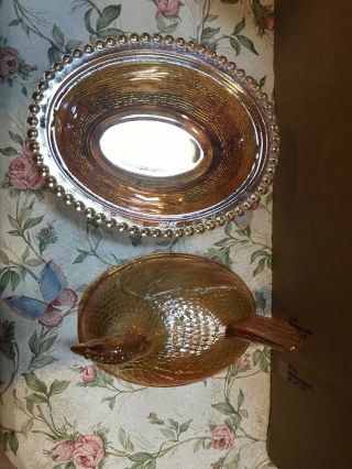 Carnival / Gold Amber Indiana Glass HEN ON NEST Beaded Candy Dish Chicken Lid 4