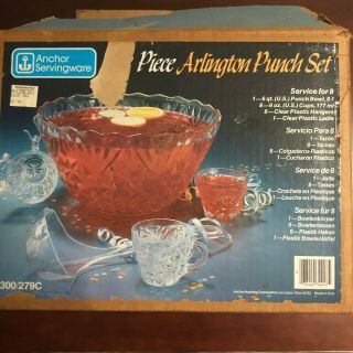 Anchor Hocking Glass Clear Arlington Punch Bowl,  Cups,  Hooks 8 Person Set 4