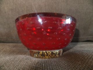 Murano Italian Red Glass Bullicante Bowl With Clear And Gold Aventurine Base