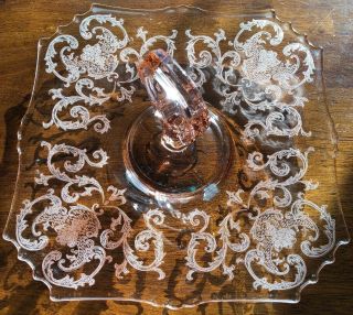 Antique Square Pink Depression Glass Scroll Flower 10” Sandwich Tray Floral