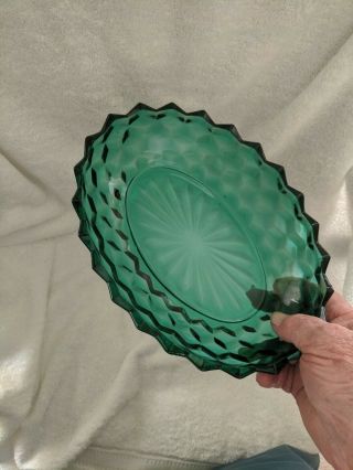 Vintage Emerald Green Saw Tooth Heavy Cut Glass Oval Bowl 10.  0 