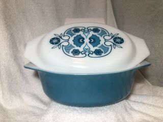 Pyrex Horizon 043 Blue White Oval Casserole Dish And Patterned Lid 1 1/2 Quart