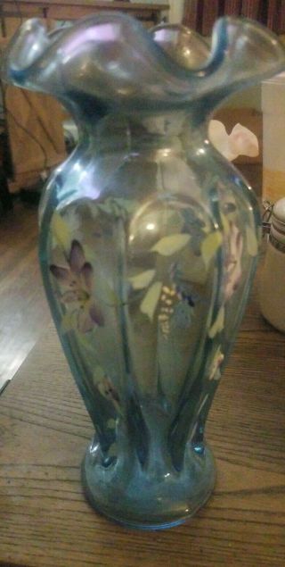 Vintage Fenton Hand Painted Flower Blue Glass Ruffled Vase 8 " Signed