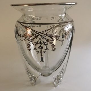 Vintage Silver Overlay Footed Glass Vase 9 " X6 "