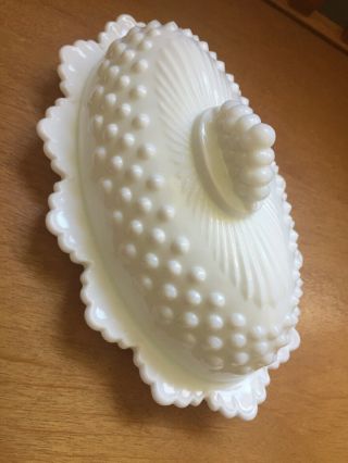 Vintage Fenton White Milk Glass Hobnail Oval Covered Butter Dish,  Crown Edge