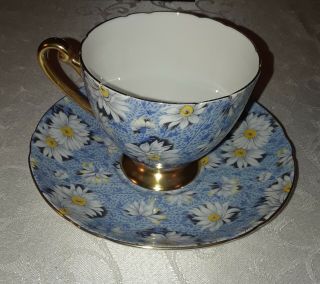 Vintage Shelley Bone China England Blue Daisy Tea Cup And Saucer Set.