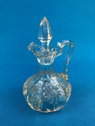 Antique U.  S.  Glass Co.  Clear Pressed Glass Oil Cruet,  Intaglio Sunflower C.  1911