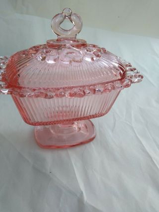 Old Colony Open Lace Pink Depression Glass Pedestal Lidded Candy Dish 2
