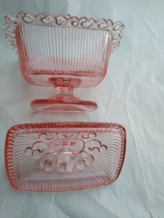Old Colony Open Lace Pink Depression Glass Pedestal Lidded Candy Dish 4
