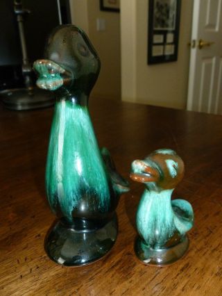 Blue Mountain Pottery - Mama Duck & Baby Duck Figurines - Green Drip