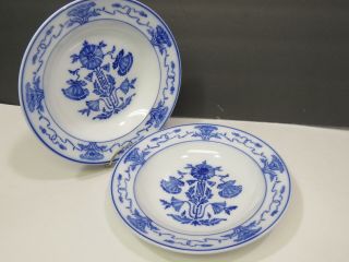 2 Antique Villeroy & Boch German Dresden Poppy Blue Rimmed Soup Bowls 9 "