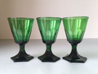 C1830 3x Antique 19th Century Regency Green Flared Hexagonal Foot Wine Glasses