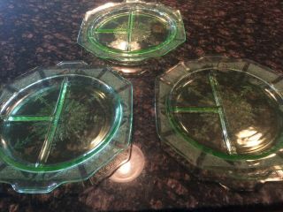 Green Depression Glass,  Princess Pattern,  3 Grill Plates