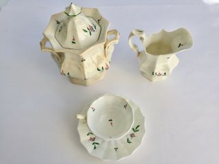 Staffordshire Sprig Ware Creamer,  Sugar Pot,  Cup And Saucer 1820 - 1850