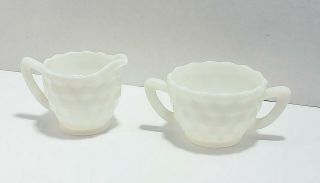 Vintage Milk Glass Creamer And Sugar Bowl With Cube Pattern