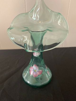 Fenton Art Glass Hand - Painted & Signed Green Floral Jack In The Pulpit Vase