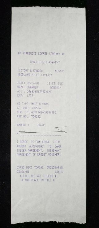 Shannen Doherty Autograph On Starbucks Reciept 2001