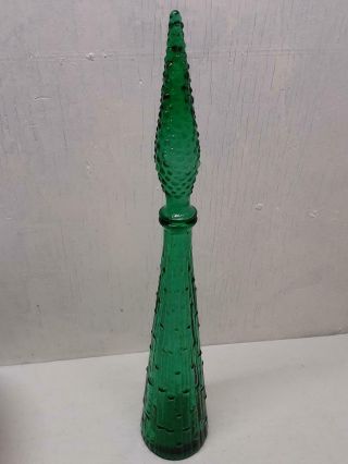 Vintage Green Glass Hobnail Genie Bottle Decanter With Stopper Mcm Made In Italy