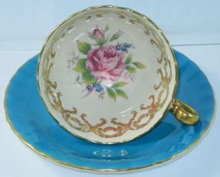 Aynsley Teal Blue Gold Scroll Cup And Saucer Set Scalloped Pink Rose H274