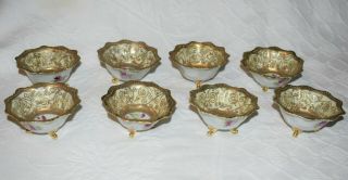 Set Of 8 Vintage Hand Painted Nippon Oriental Bone China Footed Gilted Bowls