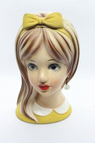 Vintage Napco Teen Lady Head Vase/planter Earring & Yellow Bow C8493
