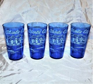Antique Set Of 4 " Atlantic City " Ritz Blue Tumblers,  Hazel Atlas Glass,  Ex Cond