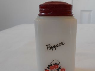 Old Antique Vintage Tipp City Range Pepper Shaker White Milk Glass Red Metal Lid 3