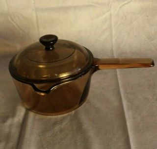 Vision By Corning Amber 1l Pan With Pour Spout And Pyrex V - 1 - C Lid - Usa Vintage