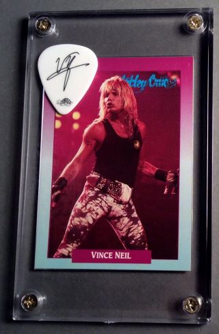 Motley Crue Vince Neil Black On White Guitar Pick / Rock Trading Card Display