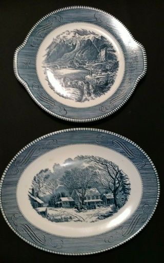 Currier & Ives " The Rocky Mountain " Print By Royal 0val And Tab Handle Plates