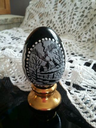 Fenton Glass Christmas Black Glass Egg Hand Painted & Numbered,  Winter Snow Scene