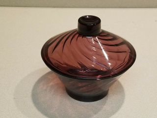 Mid Century Hazel Atlas Moroccan Amethyst Purple Glass Swirl Candy Jar W/ Lid