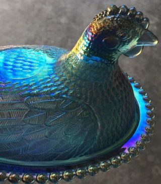 Indiana Glass Hen On Nest Aqua Teal Carnival Iridescent 7”x 5” Candy Dish