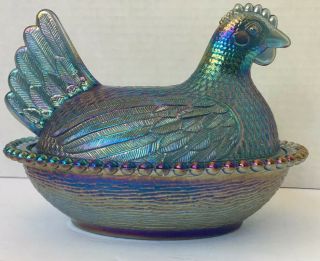 Indiana Glass Hen On Nest Aqua Teal Carnival Iridescent 7”x 5” Candy Dish 2