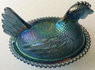 Indiana Glass Hen On Nest Aqua Teal Carnival Iridescent 7”x 5” Candy Dish 3