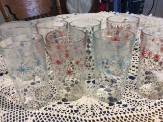 6 Vintage 5 3/4”mid Century Teal/ Blue & Red Starburst/snowflake Drinking Glass