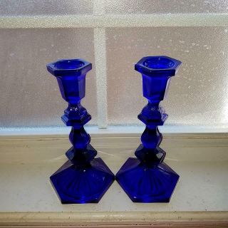 Vintage? Cobalt Blue Glass Candle Holders Candlesticks Unknown Maker