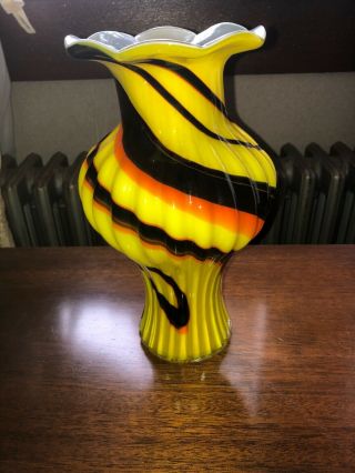 Hand Blown Glass Vase Yellow Chocolate Orange Swirl Murano Style? Large 10” Tall