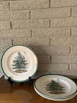 Set Of 4 Spode Porcelain Christmas Tree 10 3/4 " Dinner Plates - Made In England