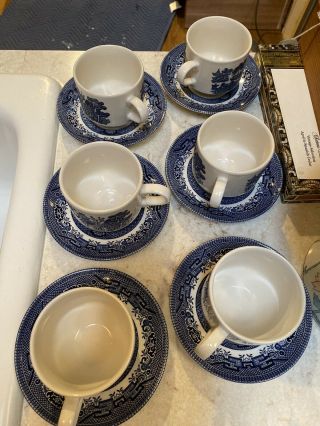 Blue Willow Coffee/tea Cups And Saucers Churchill " Made In England ",  Set Of 6
