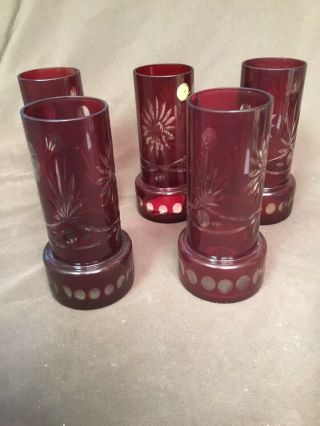Bohemian Glass Set Of 5 Cranberry Red Cut To Clear Crystal Made In Romania