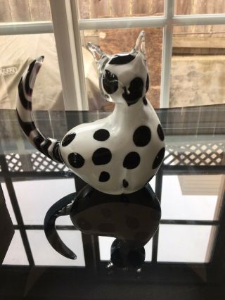 Vintage Art Glass Cat Black White Paperweight