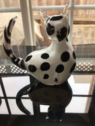 Vintage Art Glass Cat Black White Paperweight 2