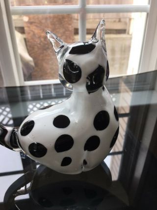 Vintage Art Glass Cat Black White Paperweight 3
