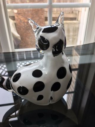 Vintage Art Glass Cat Black White Paperweight 4