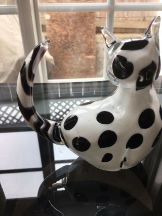 Vintage Art Glass Cat Black White Paperweight 5