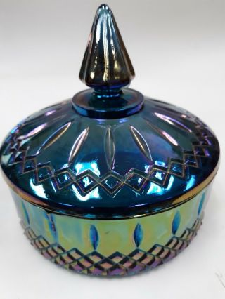 Vintage Indiana Blue Iridescent Carnival Glass Candy Dish With Lid