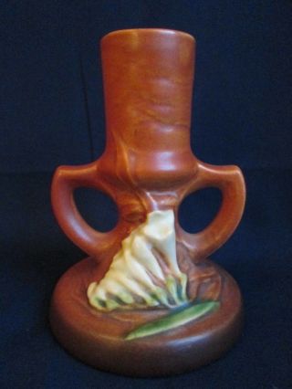 Single Tall Candlestick Vintage Roseville Art Pottery Brown Freesia Pattern Exc